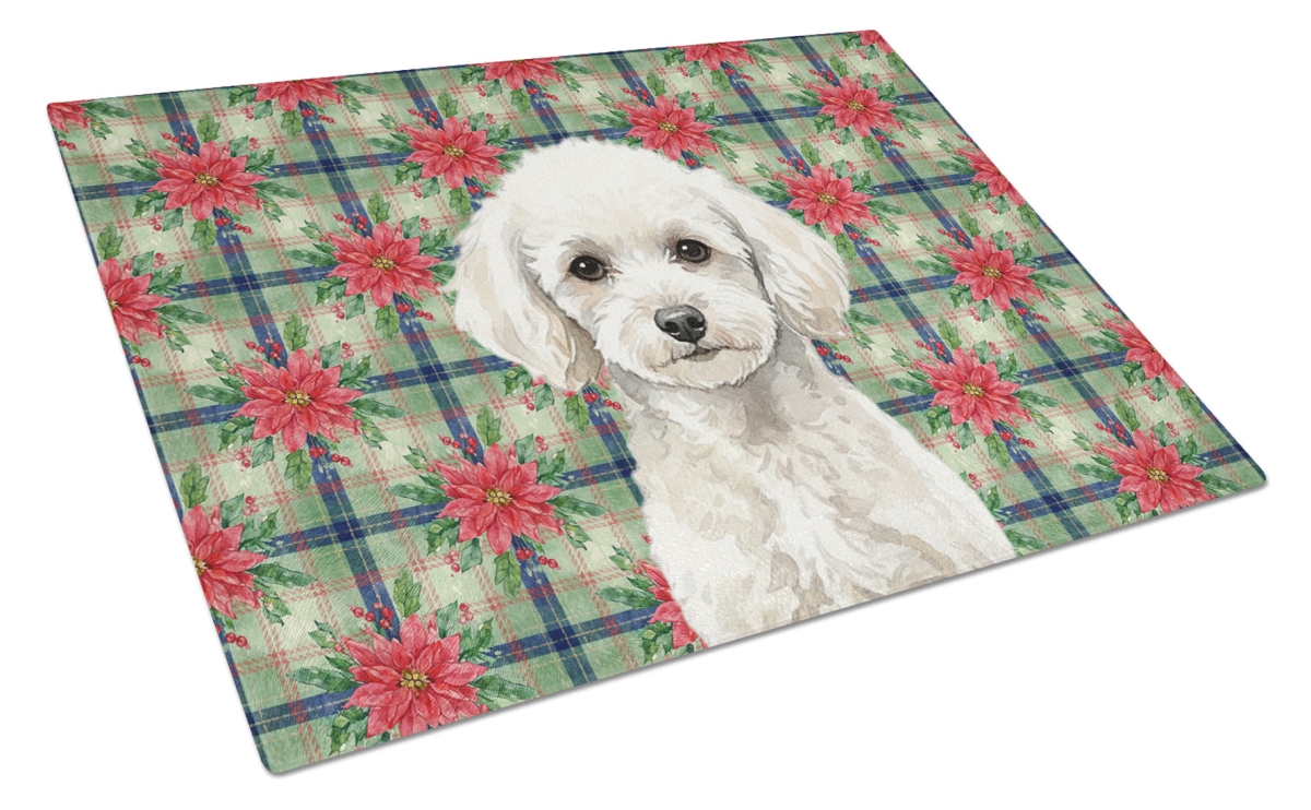Picture of Carolines Treasures WDK8777LCB Unisex Adult Toy White Poodle Christmas Poinsettias Glass Cutting Board - 15 x 12 in.