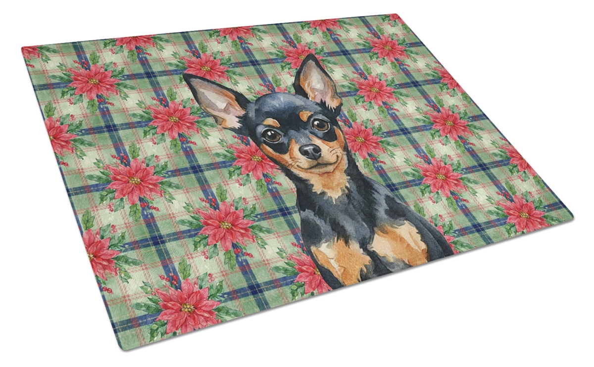 Picture of Carolines Treasures WDK8791LCB Unisex Adult Black & Tan Russian Toy Christmas Poinsettias Glass Cutting Board - 15 x 12 in.