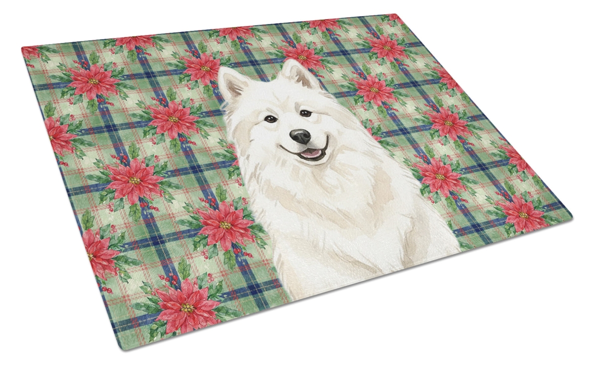 Picture of Carolines Treasures WDK8798LCB Unisex Adult Cream Samoyed Christmas Poinsettias Glass Cutting Board - 15 x 12 in.