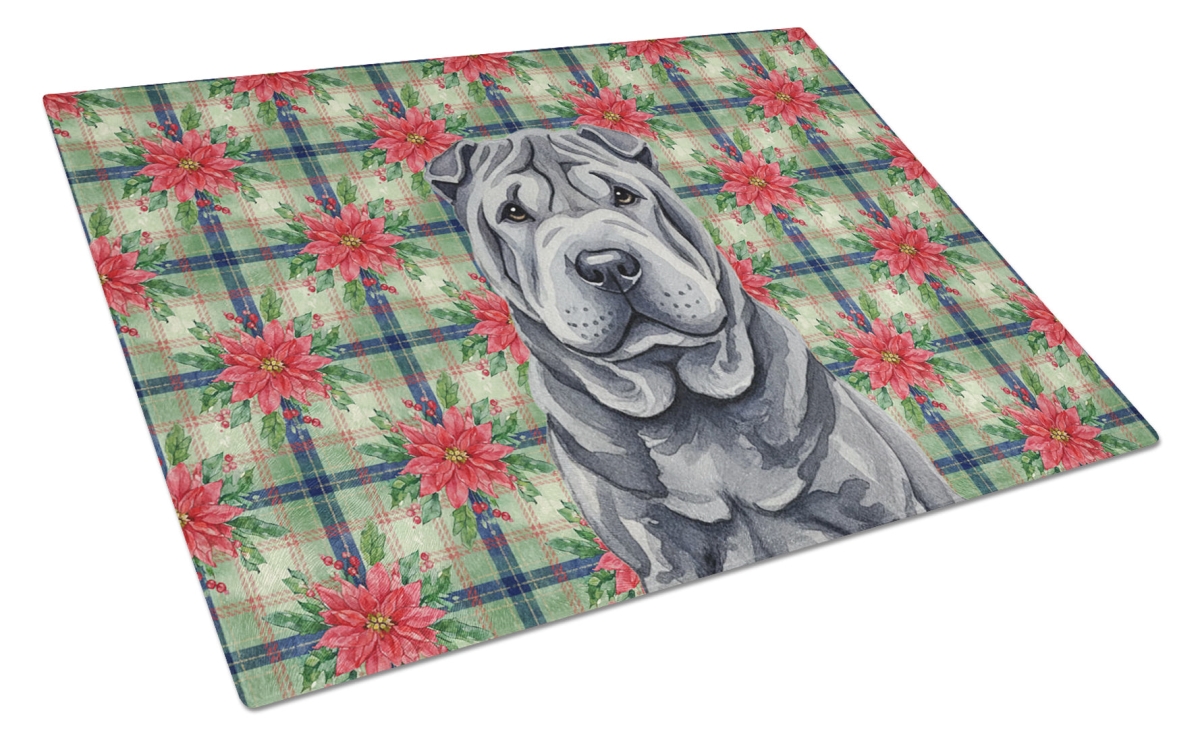 Picture of Carolines Treasures WDK8807LCB Unisex Adult Black Shar Pei Christmas Poinsettias Glass Cutting Board - 15 x 12 in.