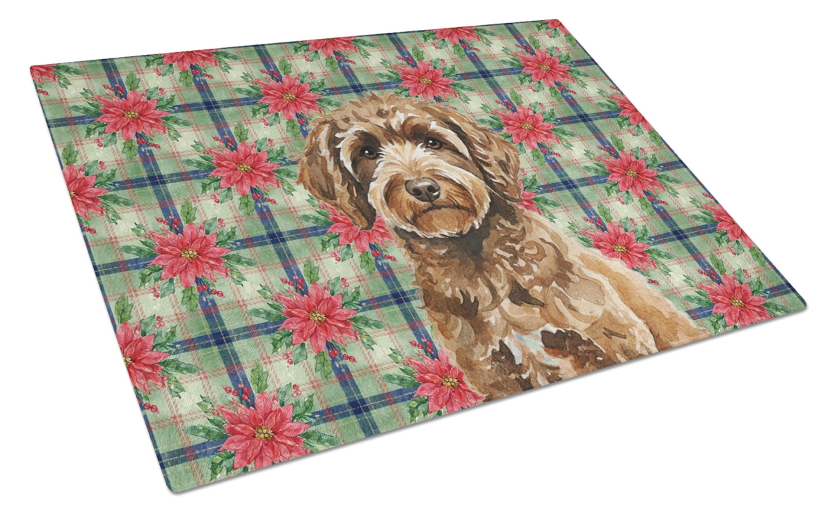 Picture of Carolines Treasures WDK8826LCB Unisex Adult Spanish Water Dog Christmas Poinsettias Glass Cutting Board - 15 x 12 in.