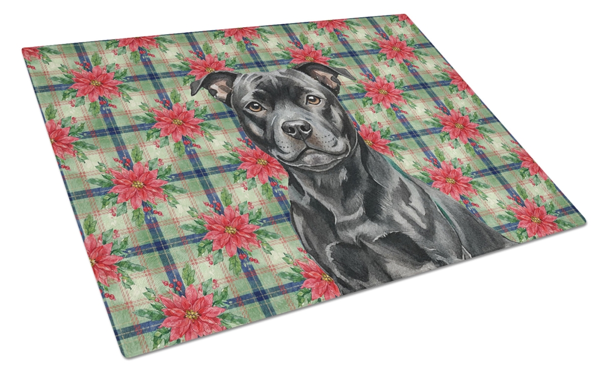 Picture of Carolines Treasures WDK8828LCB Unisex Adult Black Staffordshire Bull Terrier Christmas Poinsettias Glass Cutting Board - 15 x 12 in.