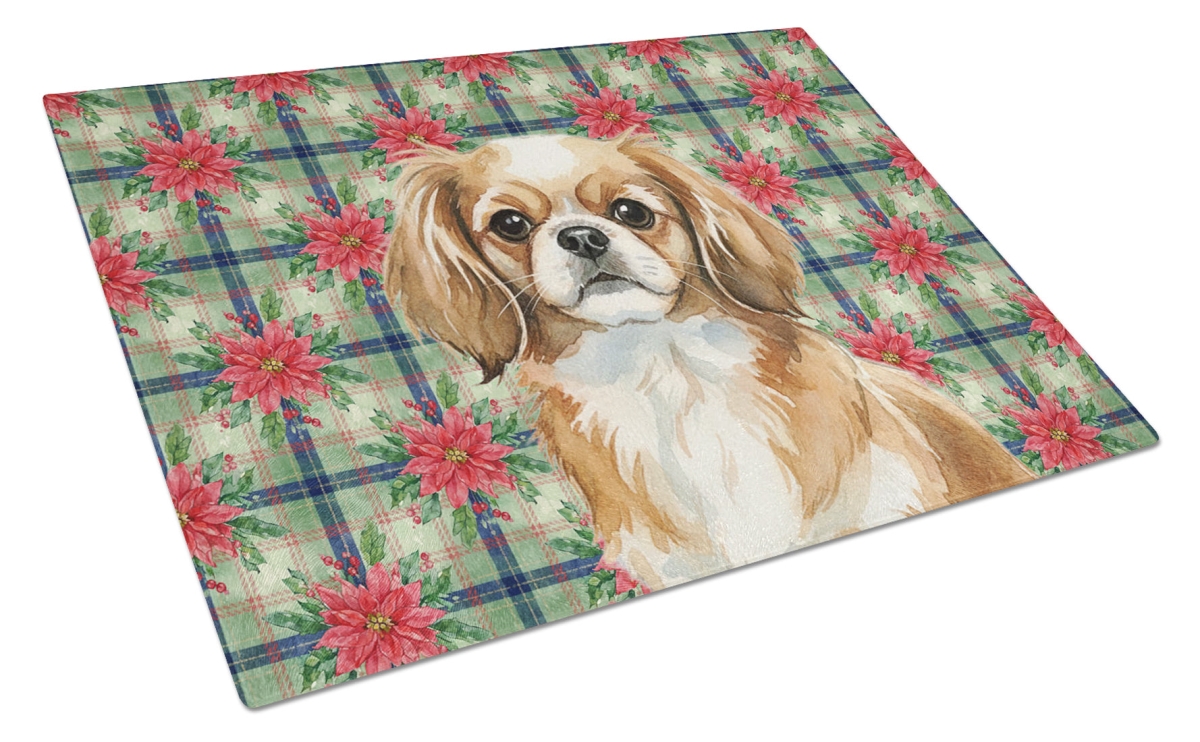 Picture of Carolines Treasures WDK8838LCB Unisex Adult Tibetan Spaniel Christmas Poinsettias Glass Cutting Board - 15 x 12 in.