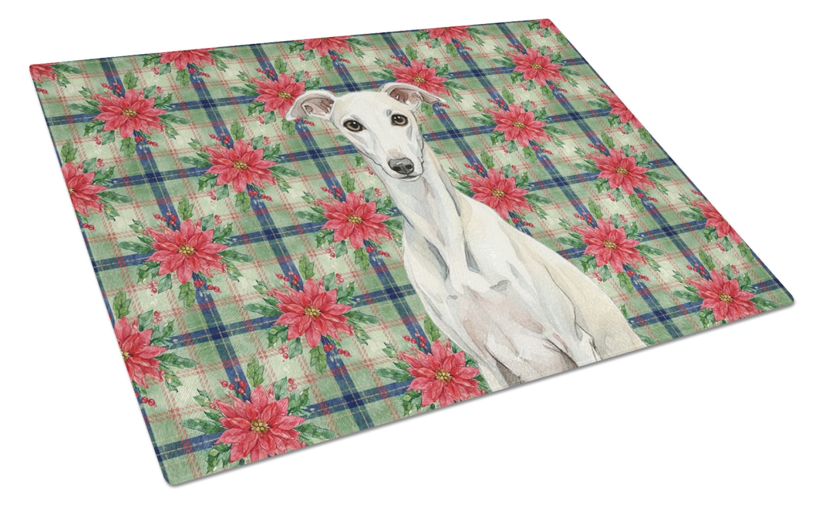 Picture of Carolines Treasures WDK8856LCB Unisex Adult White Whippet Christmas Poinsettias Glass Cutting Board - 15 x 12 in.