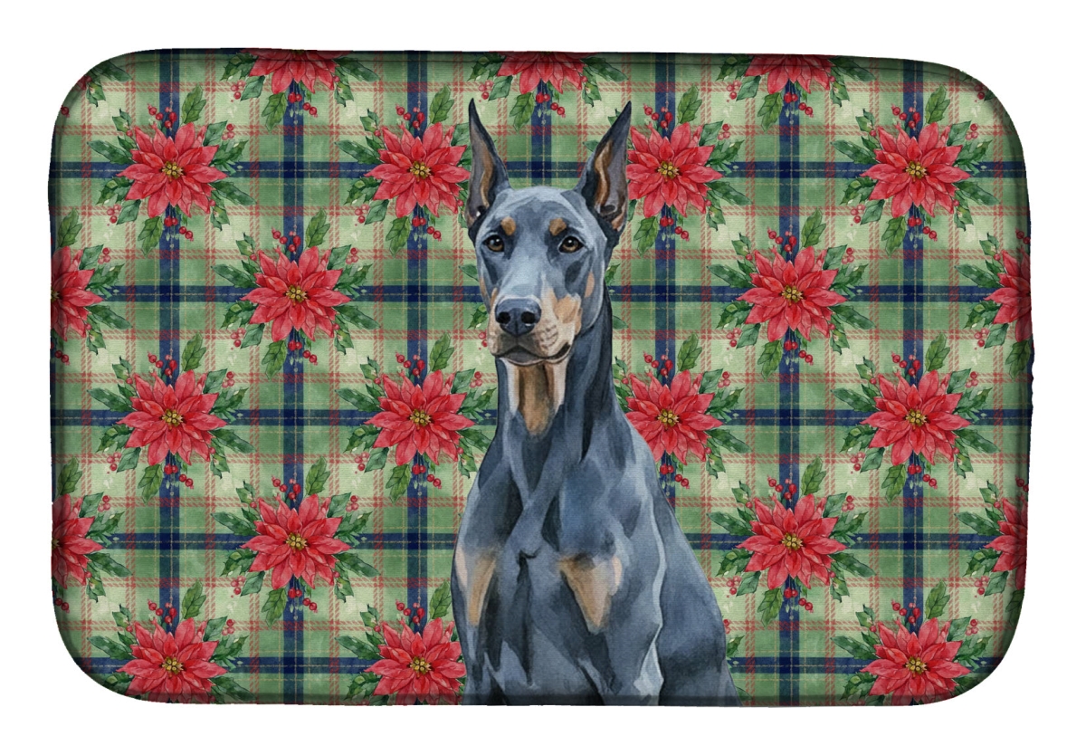 Picture of Carolines Treasures WDK8606DDM Unisex Adult Blue Doberman Pinscher Christmas Poinsettias Dish Drying Mat - 21 x 14 in.