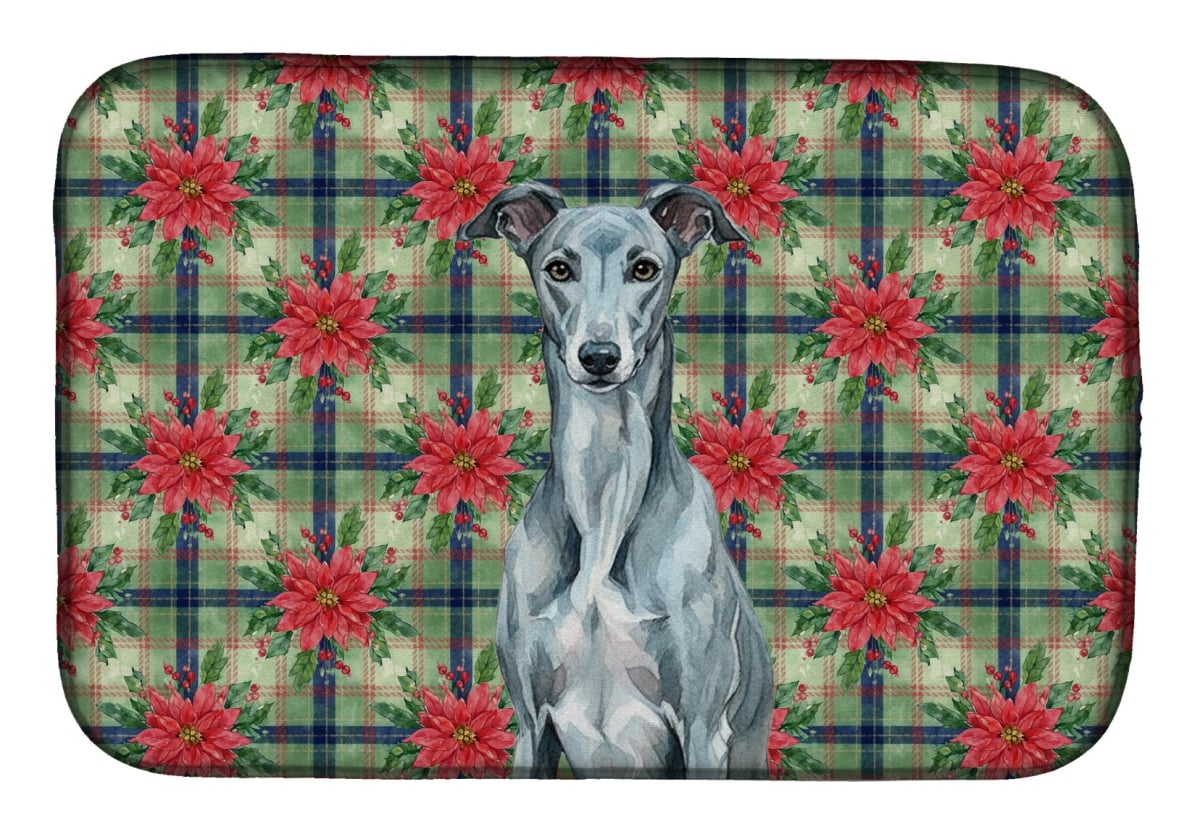 Picture of Carolines Treasures WDK8662DDM Unisex Adult Blue Brindle Greyhound Christmas Poinsettias Dish Drying Mat - 21 x 14 in.