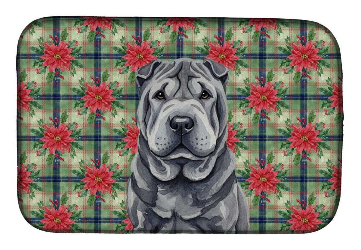 Picture of Carolines Treasures WDK8807DDM Unisex Adult Black Shar Pei Christmas Poinsettias Dish Drying Mat - 21 x 14 in.
