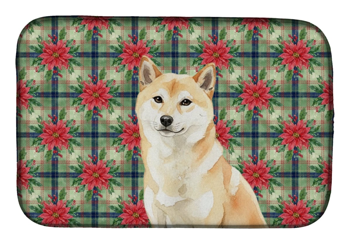 Picture of Carolines Treasures WDK8814DDM Unisex Adult Cream Shiba Inu Christmas Poinsettias Dish Drying Mat - 21 x 14 in.
