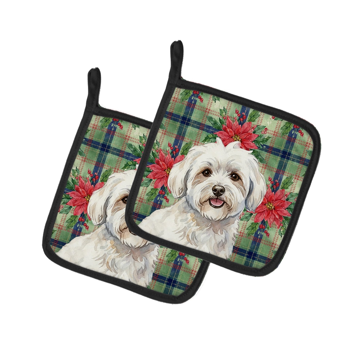 Picture of Carolines Treasures WDK8589PTHD Unisex Adult Coton De Tulear Christmas Poinsettias Pot Holders - 7.5 x 7.5 in. - Set of 2