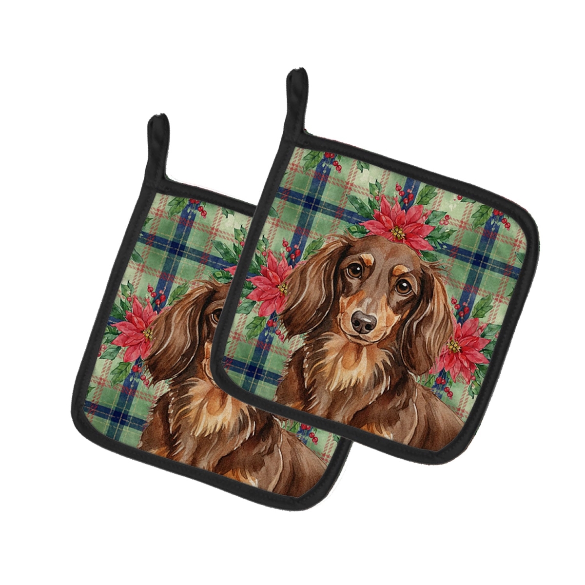 Picture of Carolines Treasures WDK8596PTHD Unisex Adult Longhaired Chocolate & Tan Dachshund Christmas Poinsettias Pot Holders - 7.5 x 7.5 in. - Set of 2