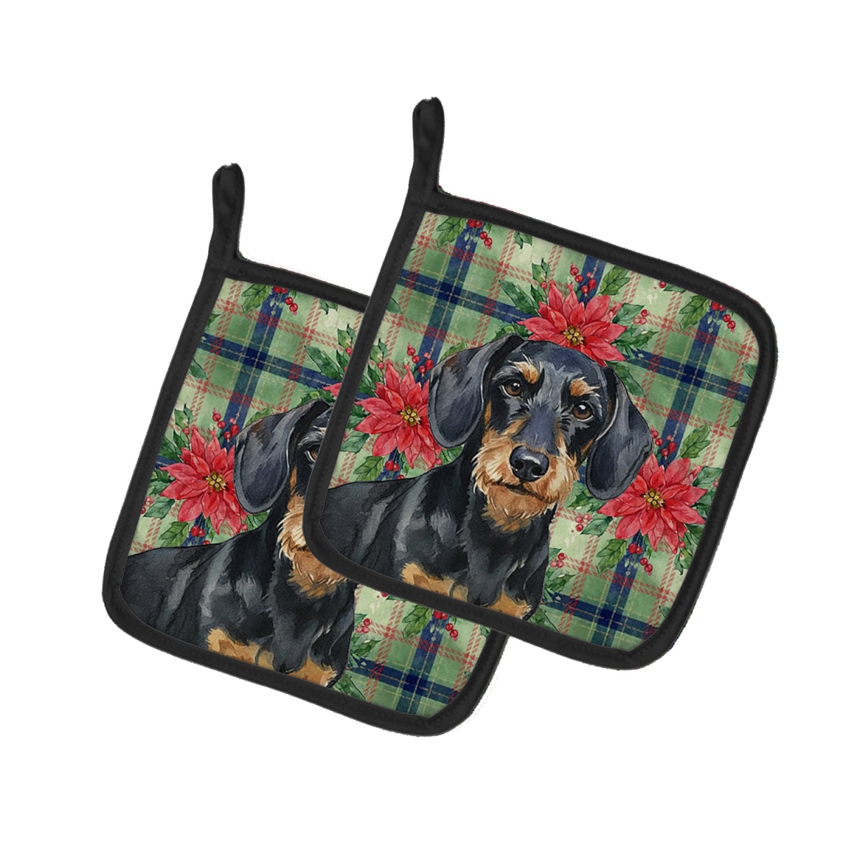 Picture of Carolines Treasures WDK8601PTHD Unisex Adult Wirehaired Black & Tan Dachshund Christmas Poinsettias Pot Holders - 7.5 x 7.5 in. - Set of 2