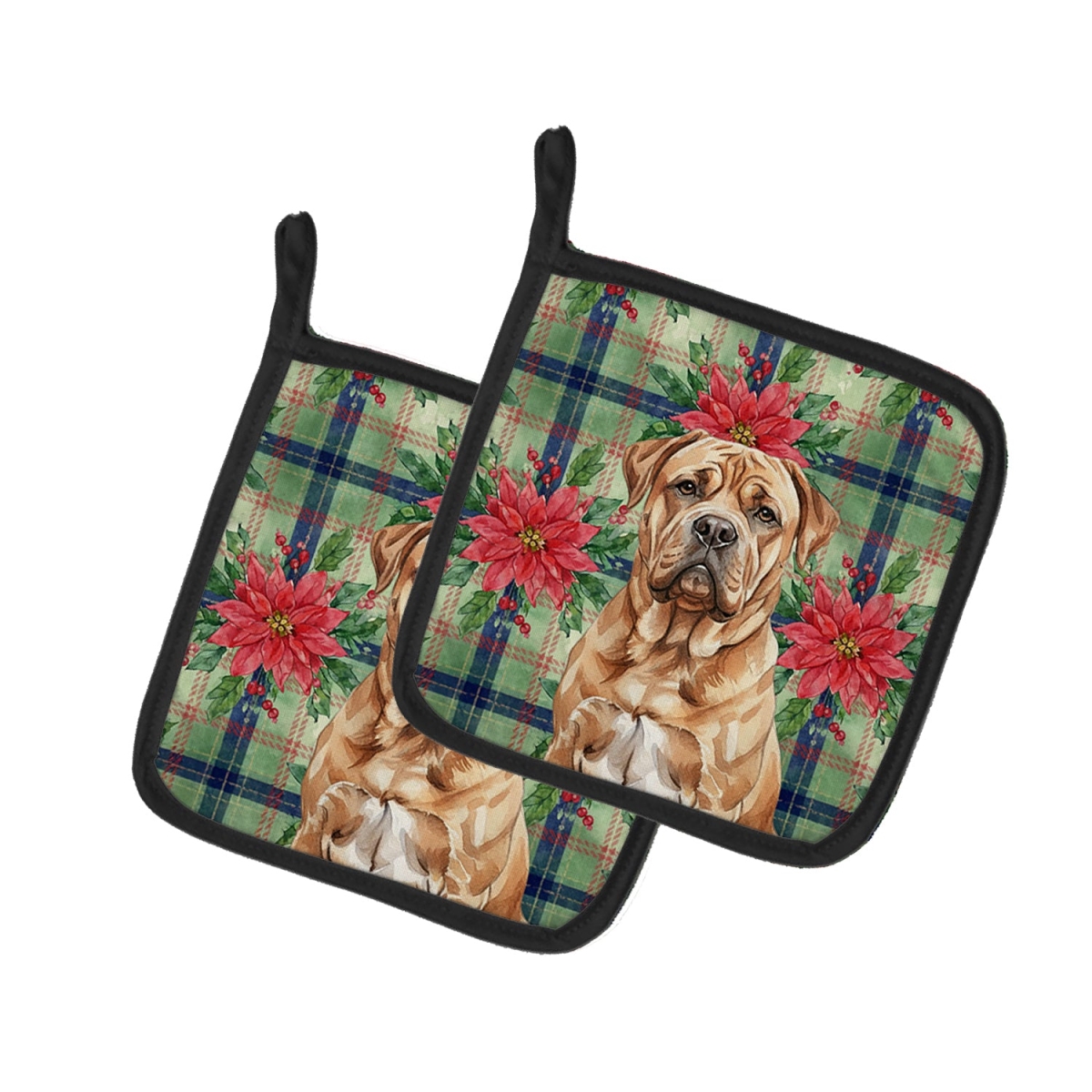 Picture of Carolines Treasures WDK8611PTHD Unisex Adult Dogue De Bordeaux Christmas Poinsettias Pot Holders - 7.5 x 7.5 in. - Set of 2