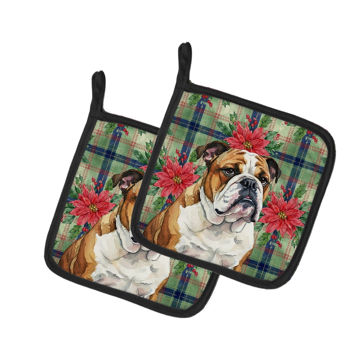 Picture of Carolines Treasures WDK8614PTHD Unisex Adult Brindle & White English Bulldog Christmas Poinsettias Pot Holders - 7.5 x 7.5 in. - Set of 2