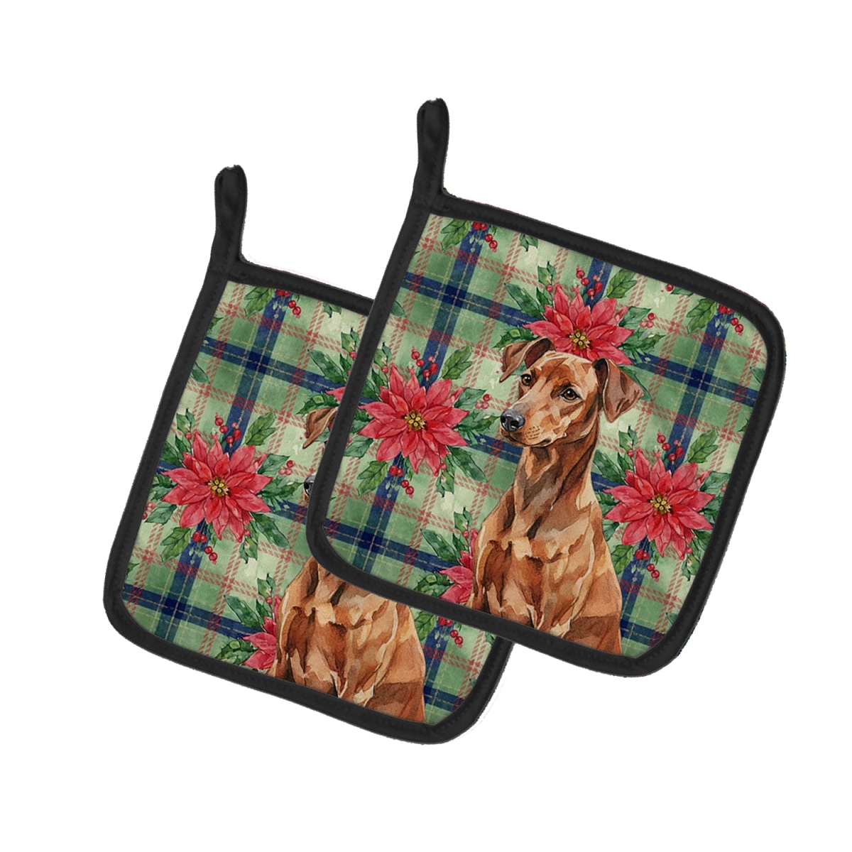 Picture of Carolines Treasures WDK8643PTHD Unisex Adult Red German Pinscher Christmas Poinsettias Pot Holders - 7.5 x 7.5 in. - Set of 2