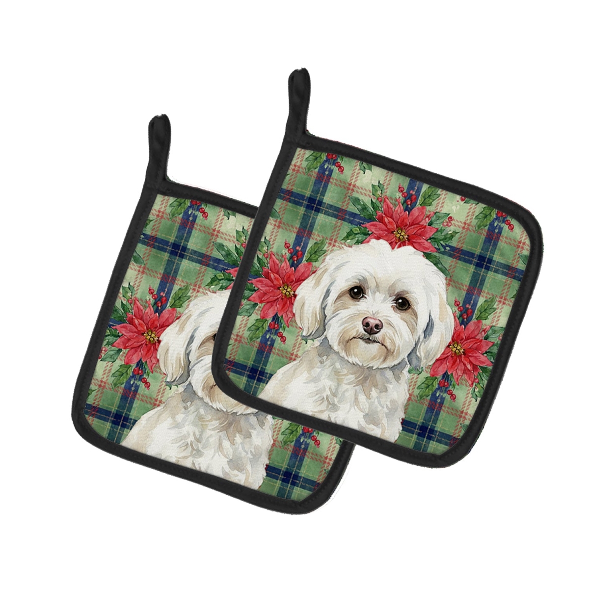 Picture of Carolines Treasures WDK8670PTHD Unisex Adult White Havanese Christmas Poinsettias Pot Holders - 7.5 x 7.5 in. - Set of 2