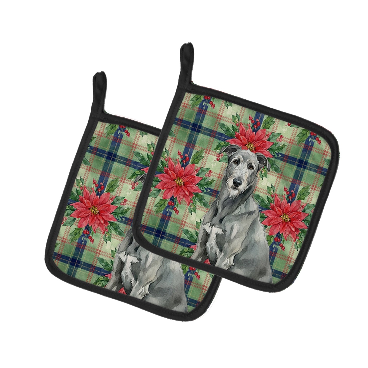 Picture of Carolines Treasures WDK8675PTHD Unisex Adult Gray Irish Wolfhound Christmas Poinsettias Pot Holders - 7.5 x 7.5 in. - Set of 2
