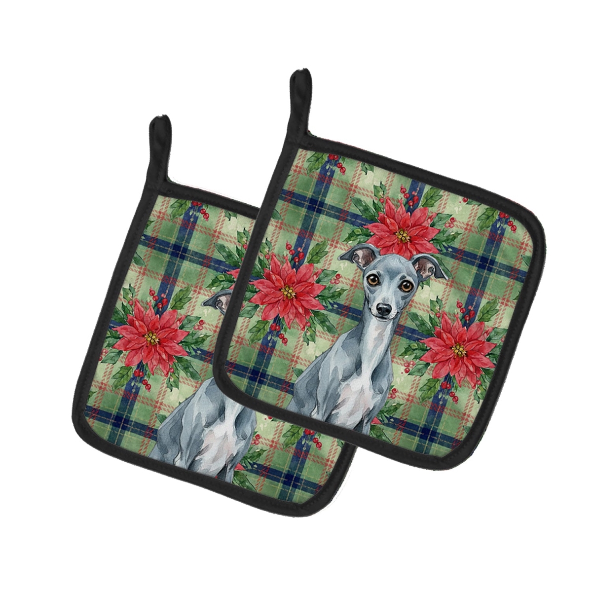 Picture of Carolines Treasures WDK8678PTHD Unisex Adult Blue Italian Greyhound Christmas Poinsettias Pot Holders - 7.5 x 7.5 in. - Set of 2