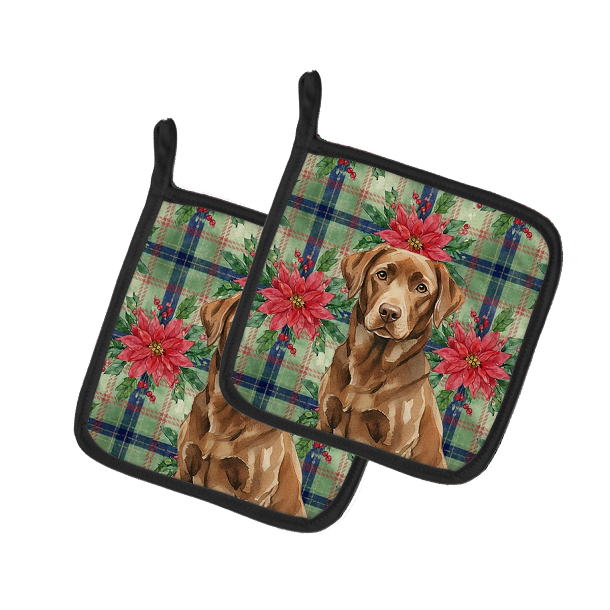 Picture of Carolines Treasures WDK8693PTHD Unisex Adult Chocolate Labrador Retriever Christmas Poinsettias Pot Holders - 7.5 x 7.5 in. - Set of 2