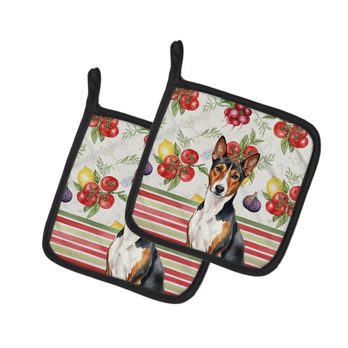 Picture of Carolines Treasures WDK8095PTHD Unisex Adult Tricolor & White Basenji Vegetables Pot Holders - 7.5 x 7.5 in. - Set of 2