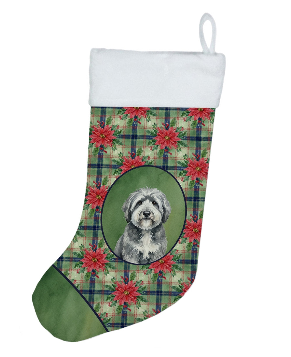 WDK8737CS Unisex Adult Gray & White Old English Sheepdog Christmas Poinsettias Holiday Stocking - 18 x 13.5 in.