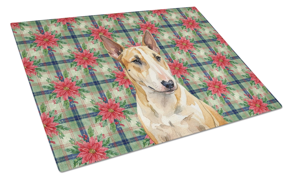 Picture of Carolines Treasures WDK8711LCB Unisex Adult Miniature Bull Terrier Christmas Poinsettias Glass Cutting Board - 15 x 12 in.