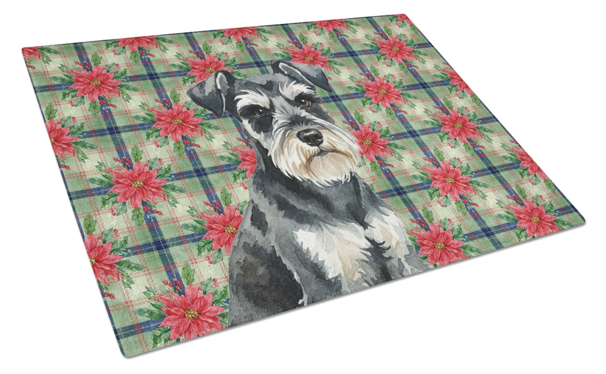 Picture of Carolines Treasures WDK8717LCB Unisex Adult Black & Silver Miniature Schnauzer Christmas Poinsettias Glass Cutting Board - 15 x 12 in.