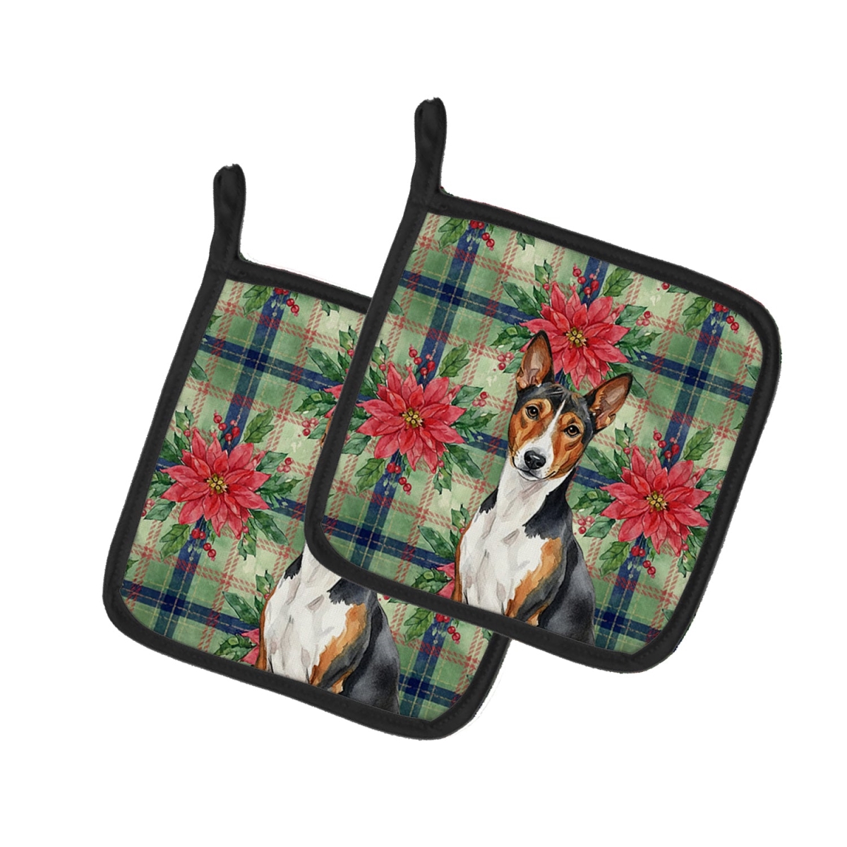 Picture of Carolines Treasures WDK8495PTHD Unisex Adult Tricolor & White Basenji Christmas Poinsettias Pot Holders - 7.5 x 7.5 in. - Set of 2