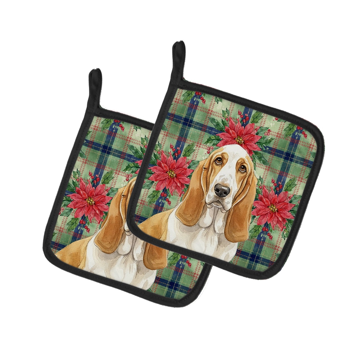 Picture of Carolines Treasures WDK8496PTHD Unisex Adult Lemon & White Basset Hound Christmas Poinsettias Pot Holders - 7.5 x 7.5 in. - Set of 2