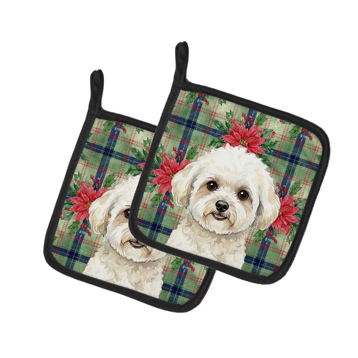Picture of Carolines Treasures WDK8515PTHD Unisex Adult White & Cream Bichon Frise Christmas Poinsettias Pot Holders - 7.5 x 7.5 in. - Set of 2