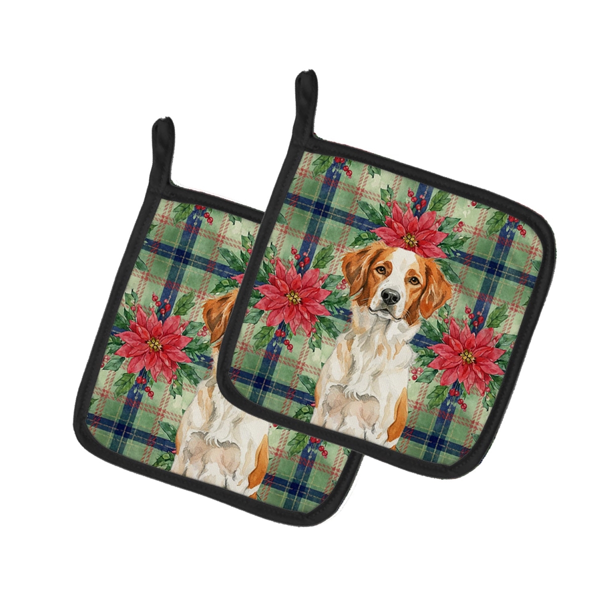 Picture of Carolines Treasures WDK8544PTHD Unisex Adult Orange & White Brittany Christmas Poinsettias Pot Holders - 7.5 x 7.5 in. - Set of 2