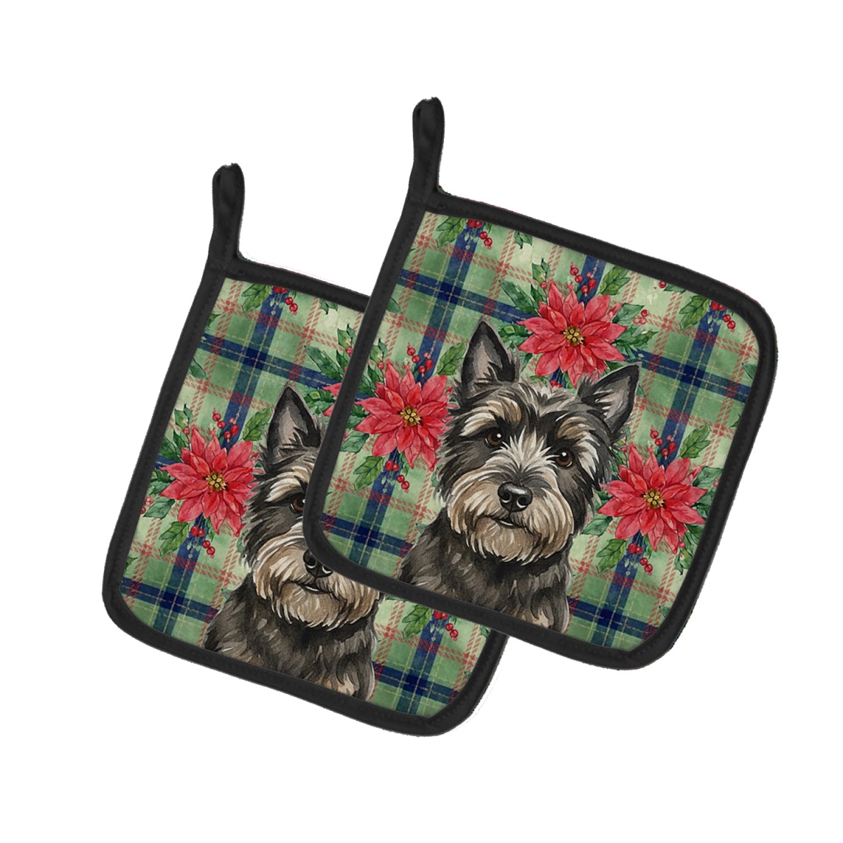 Picture of Carolines Treasures WDK8555PTHD Unisex Adult Black Cairn Terrier Christmas Poinsettias Pot Holders - 7.5 x 7.5 in. - Set of 2