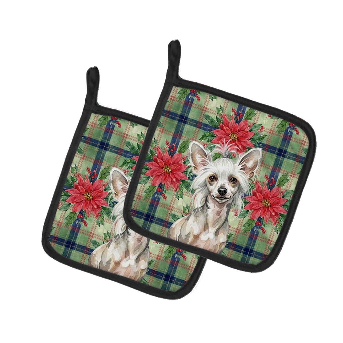 Picture of Carolines Treasures WDK8574PTHD Unisex Adult Hairless Mottled Pattern Chinese Crested Christmas Poinsettias Pot Holders - 7.5 x 7.5 in. - Set of 2