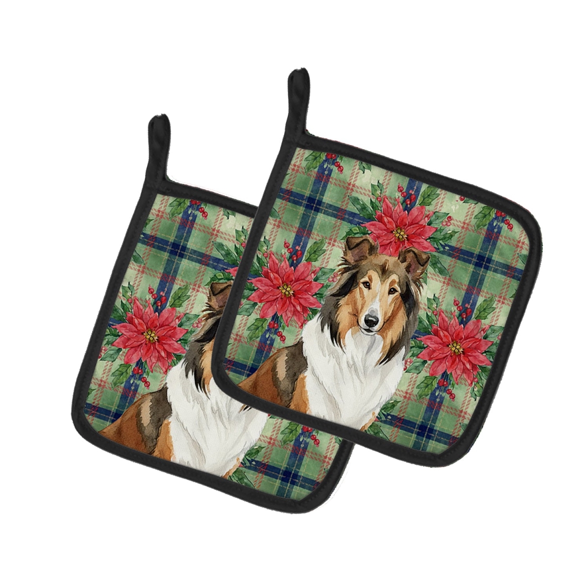 Picture of Carolines Treasures WDK8586PTHD Unisex Adult Sable Collie Christmas Poinsettias Pot Holders - 7.5 x 7.5 in. - Set of 2