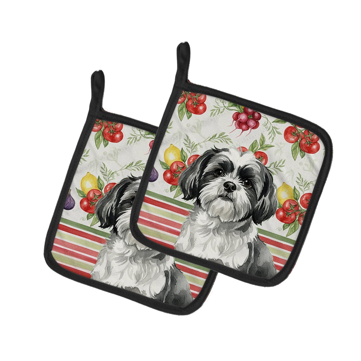 Picture of Carolines Treasures WDK8416PTHD Unisex Adult Black & White Shih Tzu Vegetables Pot Holders - 7.5 x 7.5 in. - Set of 2