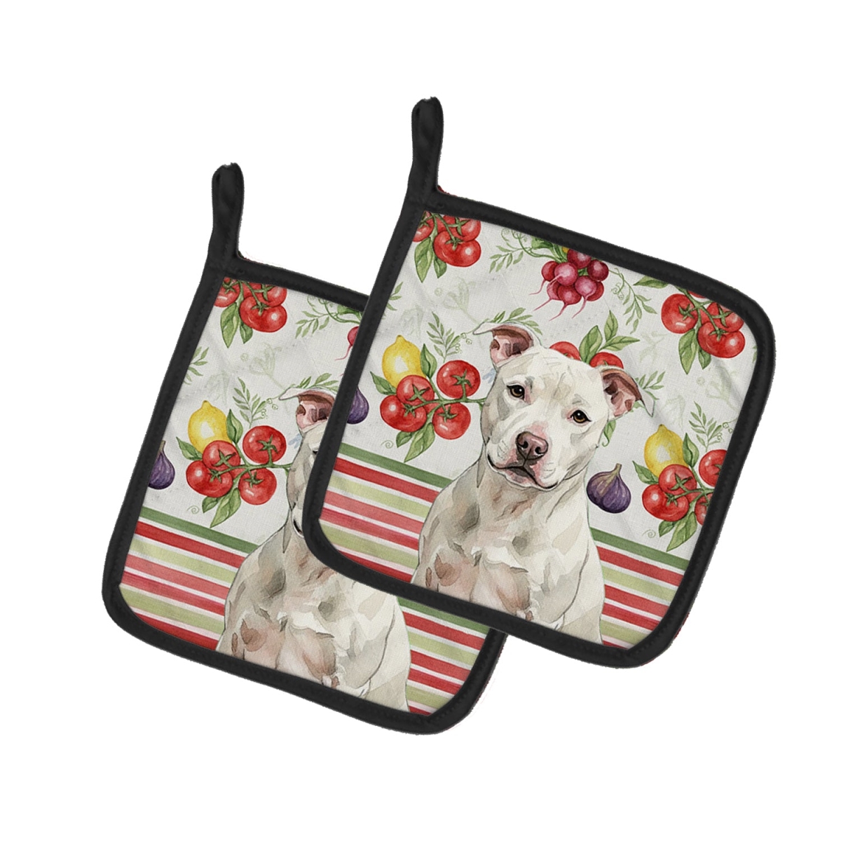 Picture of Carolines Treasures WDK8431PTHD Unisex Adult White Staffordshire Bull Terrier Vegetables Pot Holders - 7.5 x 7.5 in. - Set of 2