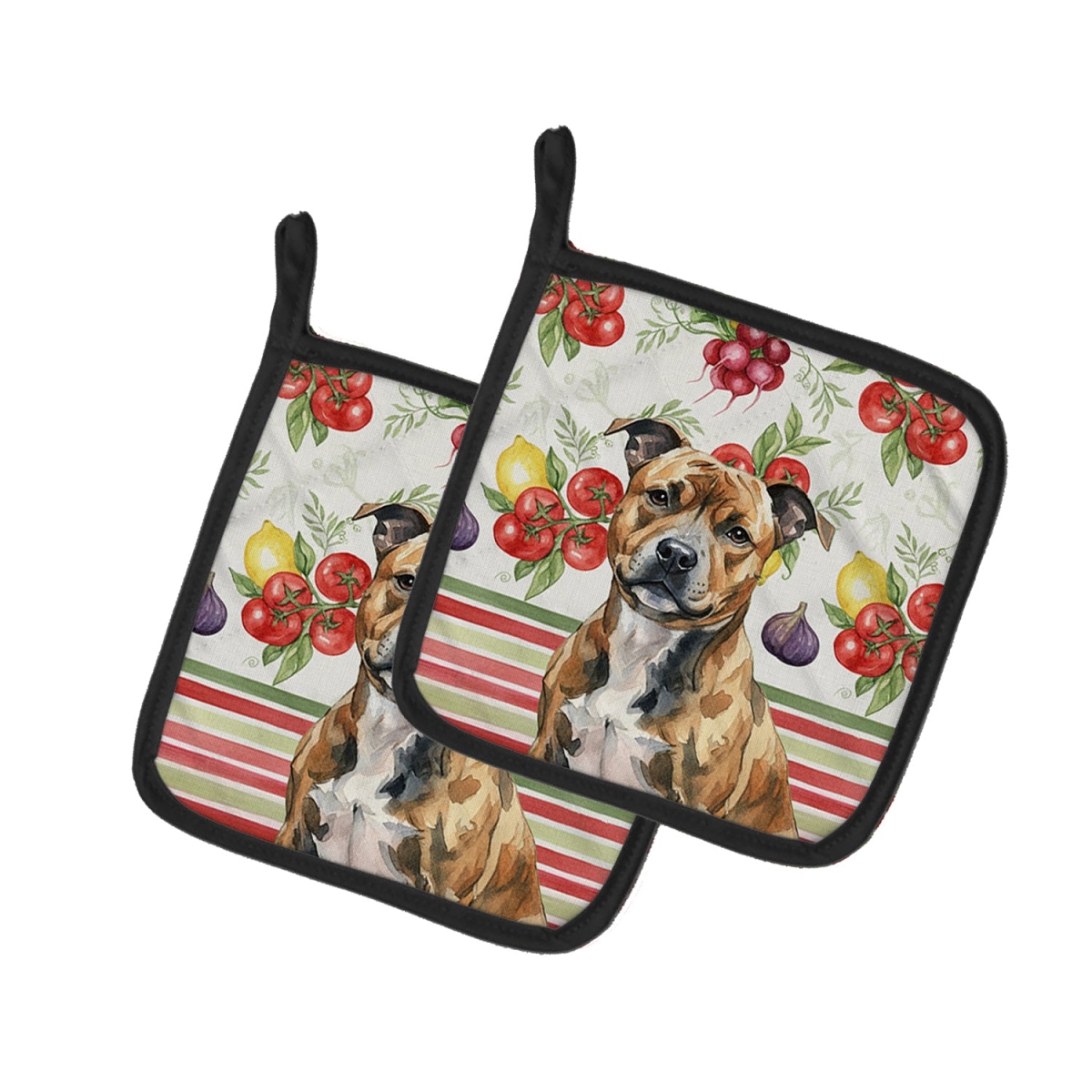 Picture of Carolines Treasures WDK8429PTHD Unisex Adult Brindle Staffordshire Bull Terrier Vegetables Pot Holders - 7.5 x 7.5 in. - Set of 2