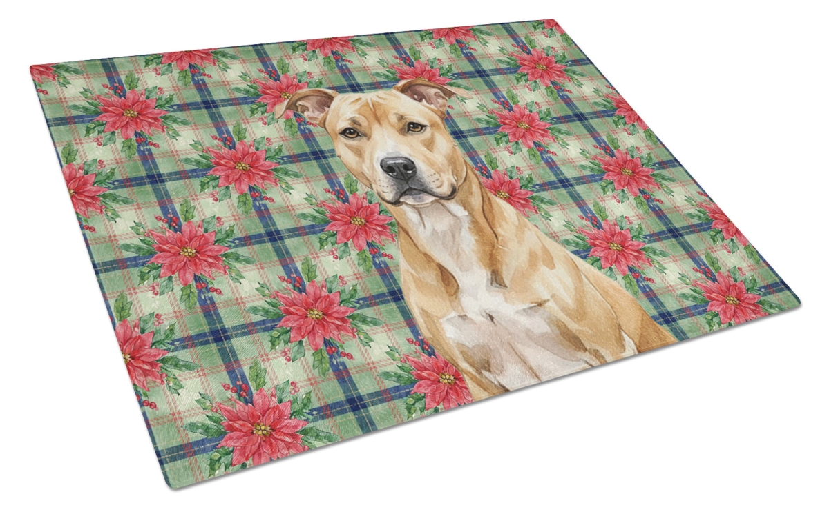 Picture of Carolines Treasures WDK8484LCB Unisex Adult Fawn American Staffordshire Terrier Christmas Poinsettias Glass Cutting Board - 15 x 12 in.