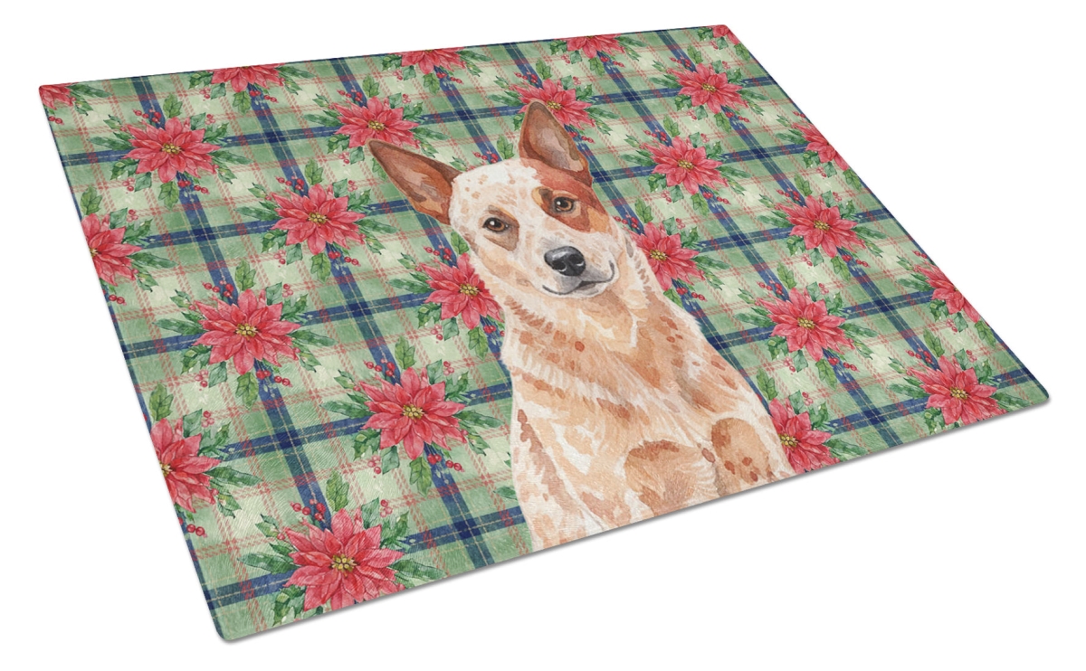Picture of Carolines Treasures WDK8488LCB Unisex Adult Red Heeler Australian Cattle Dog Christmas Poinsettias Glass Cutting Board - 15 x 12 in.