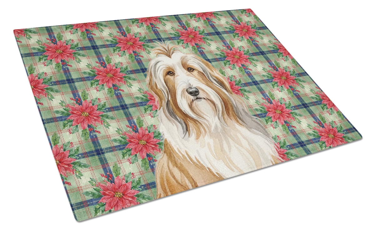 Picture of Carolines Treasures WDK8504LCB Unisex Adult Fawn Bearded Collie Christmas Poinsettias Glass Cutting Board - 15 x 12 in.