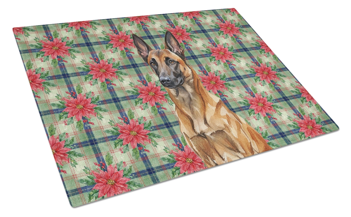 Picture of Carolines Treasures WDK8509LCB Unisex Adult Mahogany Belgian Malinois Christmas Poinsettias Glass Cutting Board - 15 x 12 in.