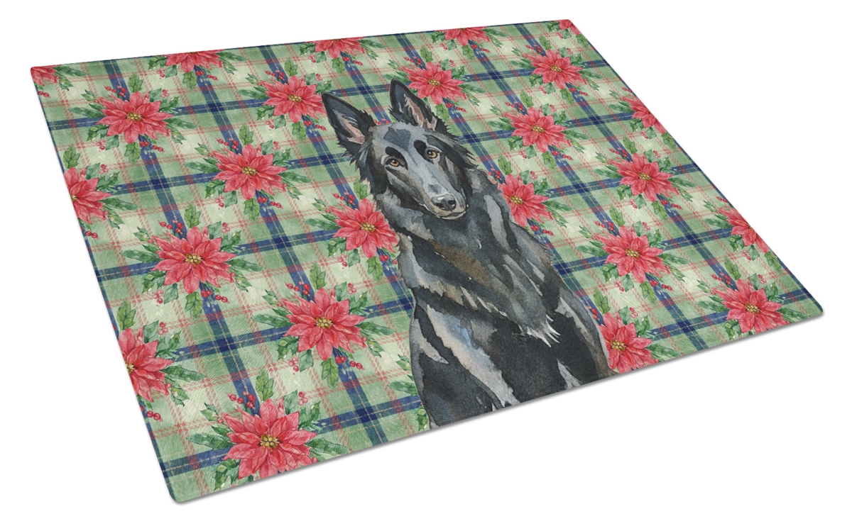 Picture of Carolines Treasures WDK8510LCB Unisex Adult Belgian Sheepdog Groenendael Christmas Poinsettias Glass Cutting Board - 15 x 12 in.