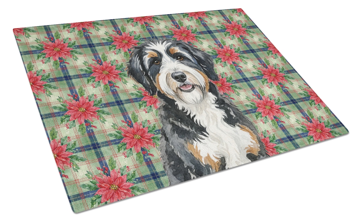 Picture of Carolines Treasures WDK8512LCB Unisex Adult Berndoodle Christmas Poinsettias Glass Cutting Board - 15 x 12 in.