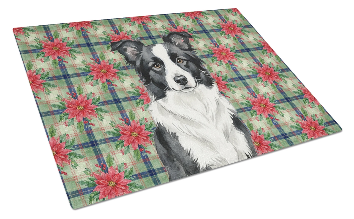 Picture of Carolines Treasures WDK8523LCB Unisex Adult Border Collie Christmas Poinsettias Glass Cutting Board - 15 x 12 in.