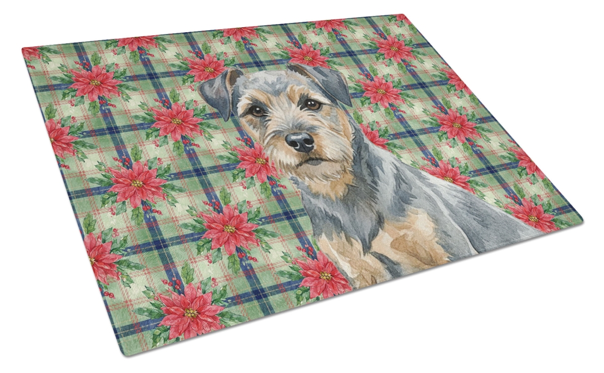 Picture of Carolines Treasures WDK8525LCB Unisex Adult Blue & Tan Border Terrier Christmas Poinsettias Glass Cutting Board - 15 x 12 in.