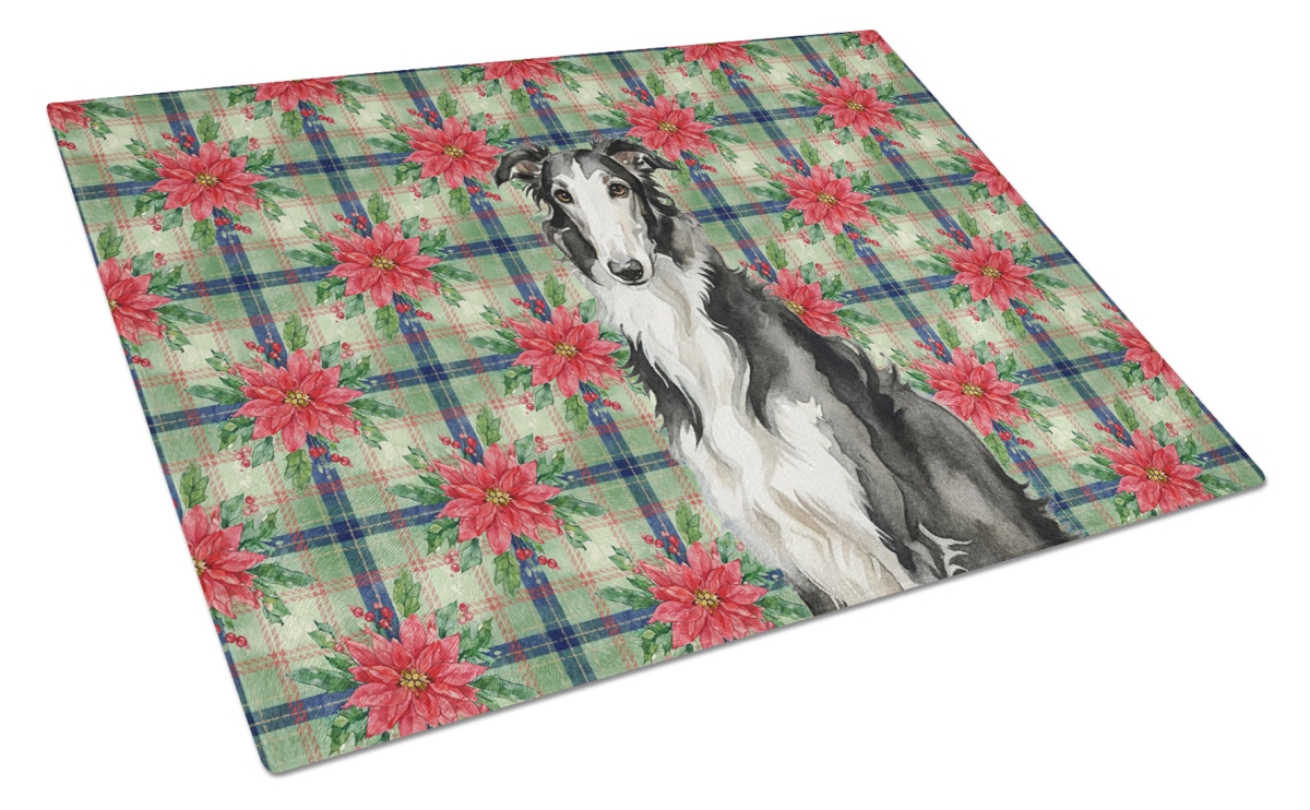 Picture of Carolines Treasures WDK8529LCB Unisex Adult Black & White Borzoi Christmas Poinsettias Glass Cutting Board - 15 x 12 in.