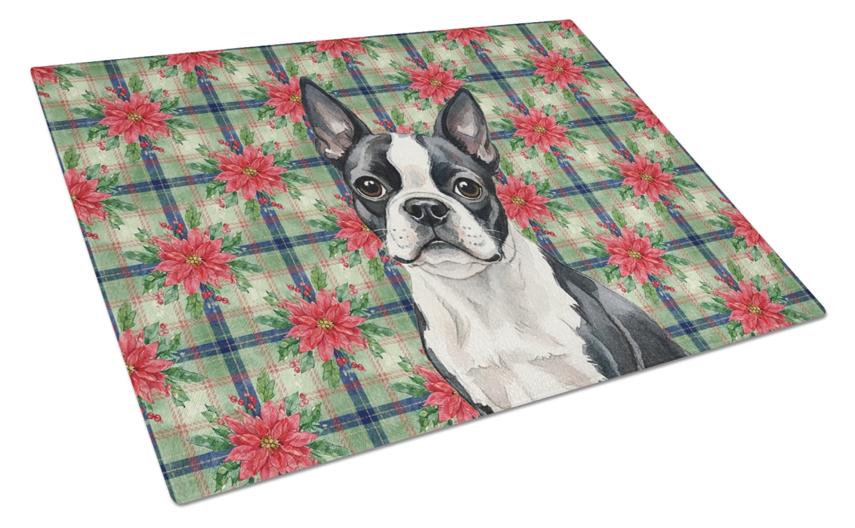 Picture of Carolines Treasures WDK8532LCB Unisex Adult Boston Terrier Christmas Poinsettias Glass Cutting Board - 15 x 12 in.