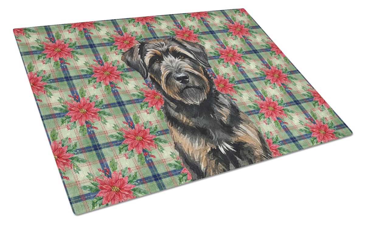 Picture of Carolines Treasures WDK8534LCB Unisex Adult Brindle Bouvier Des Flandres Christmas Poinsettias Glass Cutting Board - 15 x 12 in.