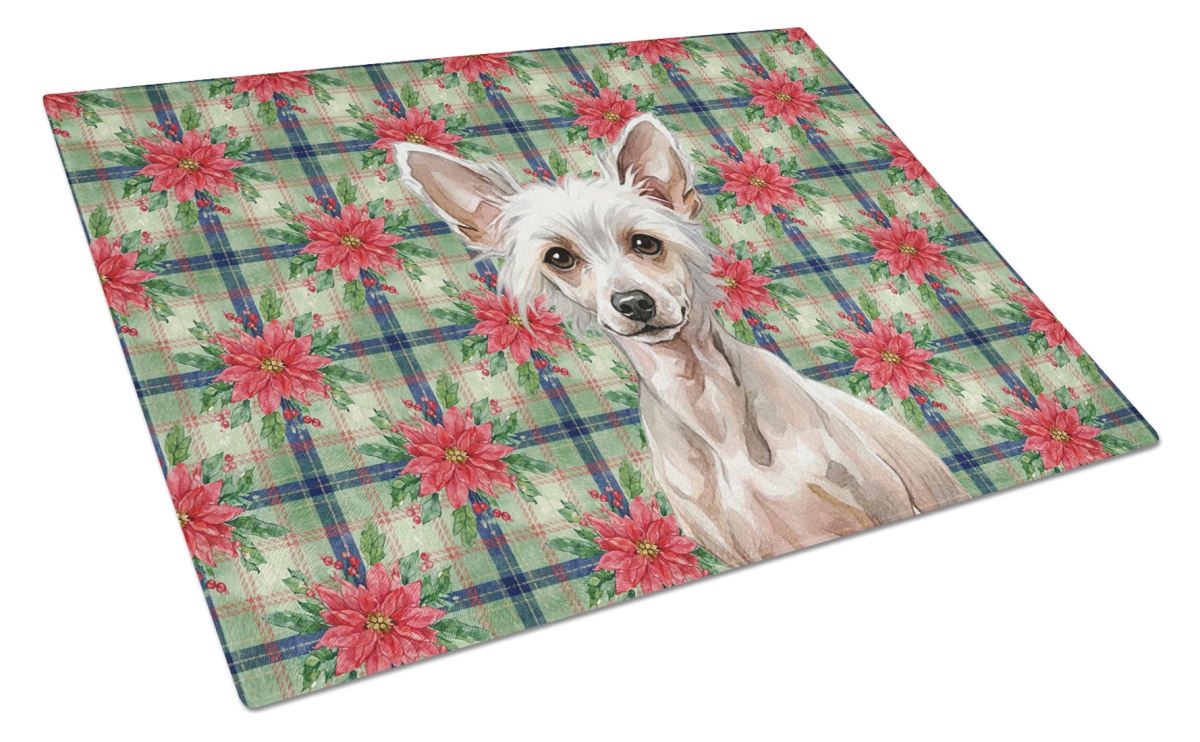 Picture of Carolines Treasures WDK8573LCB Unisex Adult Hairless Chinese Crested Christmas Poinsettias Glass Cutting Board - 15 x 12 in.