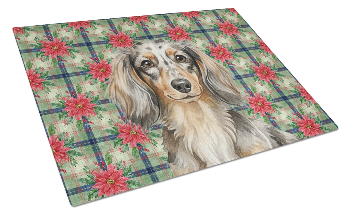 Picture of Carolines Treasures WDK8598LCB Unisex Adult Longhaired Dapple Dachshund Christmas Poinsettias Glass Cutting Board - 15 x 12 in.