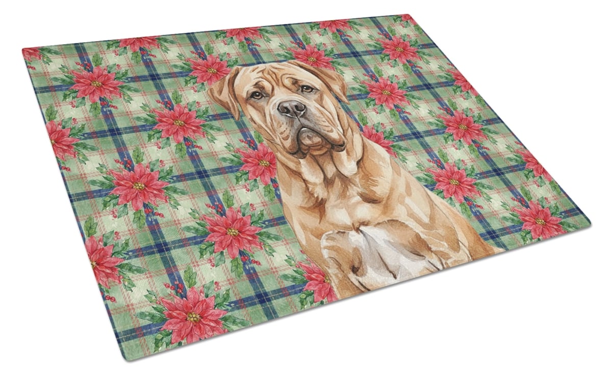 Picture of Carolines Treasures WDK8611LCB Unisex Adult Dogue De Bordeaux Christmas Poinsettias Glass Cutting Board - 15 x 12 in.